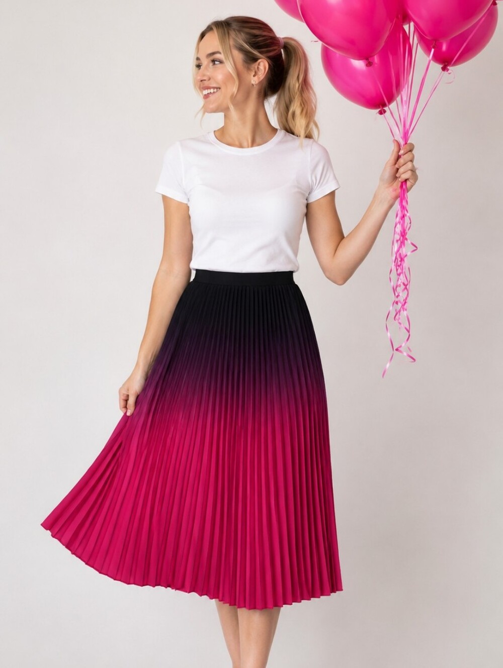 Pleated Ombre Midi Skirt in Black to Fuchsia